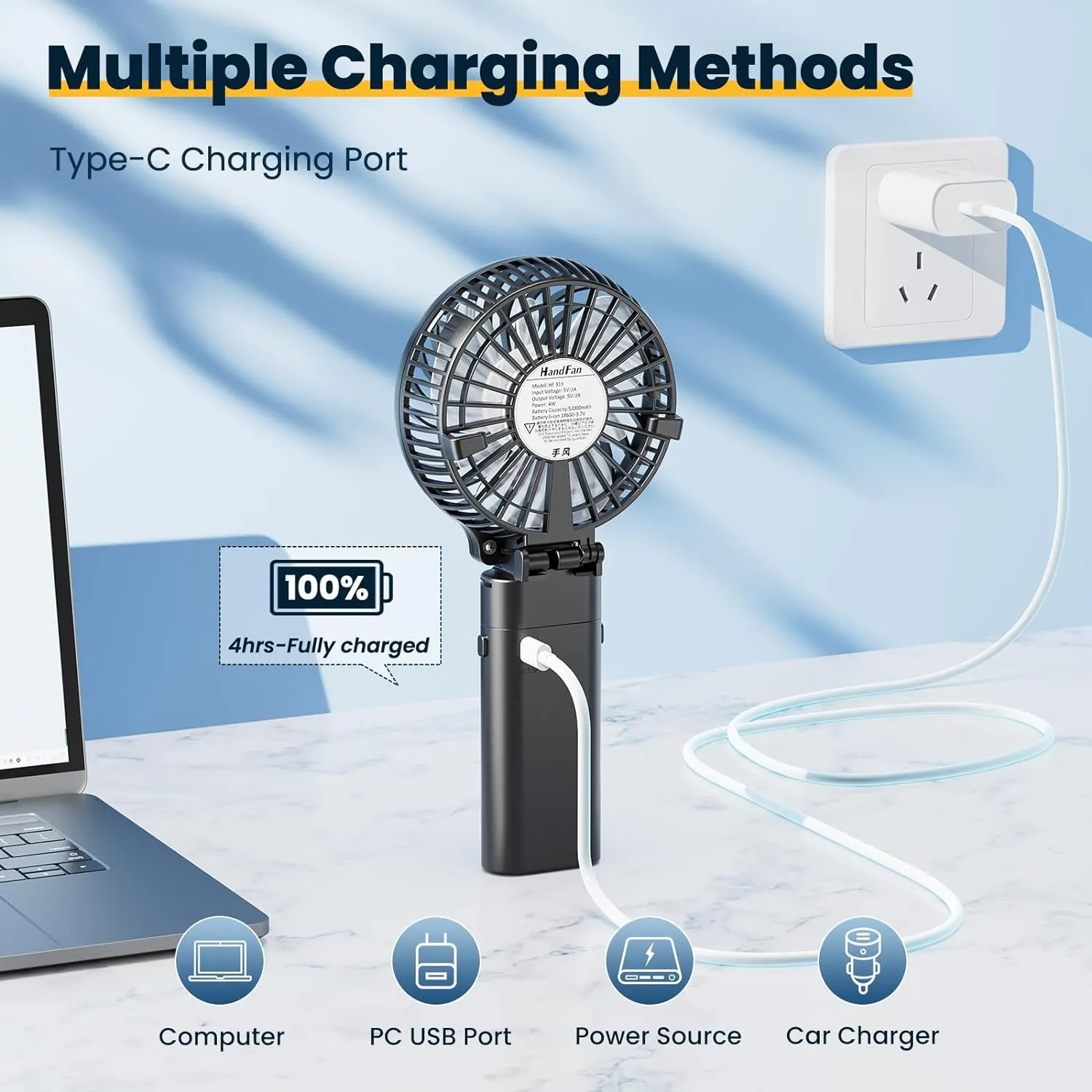 HandFan 5200mAh Portable Handheld Fan, Personal Hand Held Fan USB Rechargeable, 180° Foldable Portable & Detachable Handle Design,3 Speeds Strong Airflow Cooling for Travel/Outdoors/Indoors (Black)