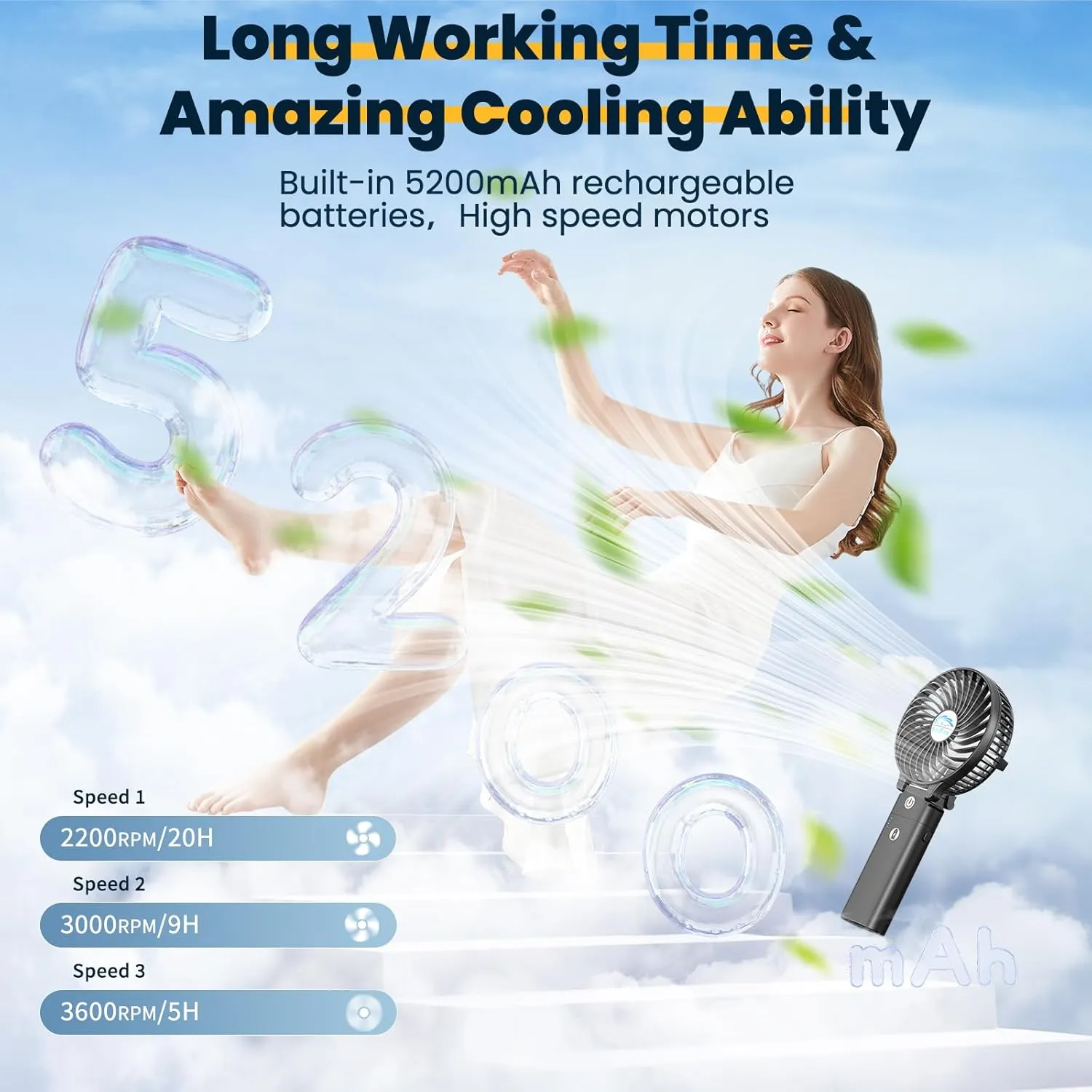 HandFan 5200mAh Portable Handheld Fan, Personal Hand Held Fan USB Rechargeable, 180° Foldable Portable & Detachable Handle Design,3 Speeds Strong Airflow Cooling for Travel/Outdoors/Indoors (Black)