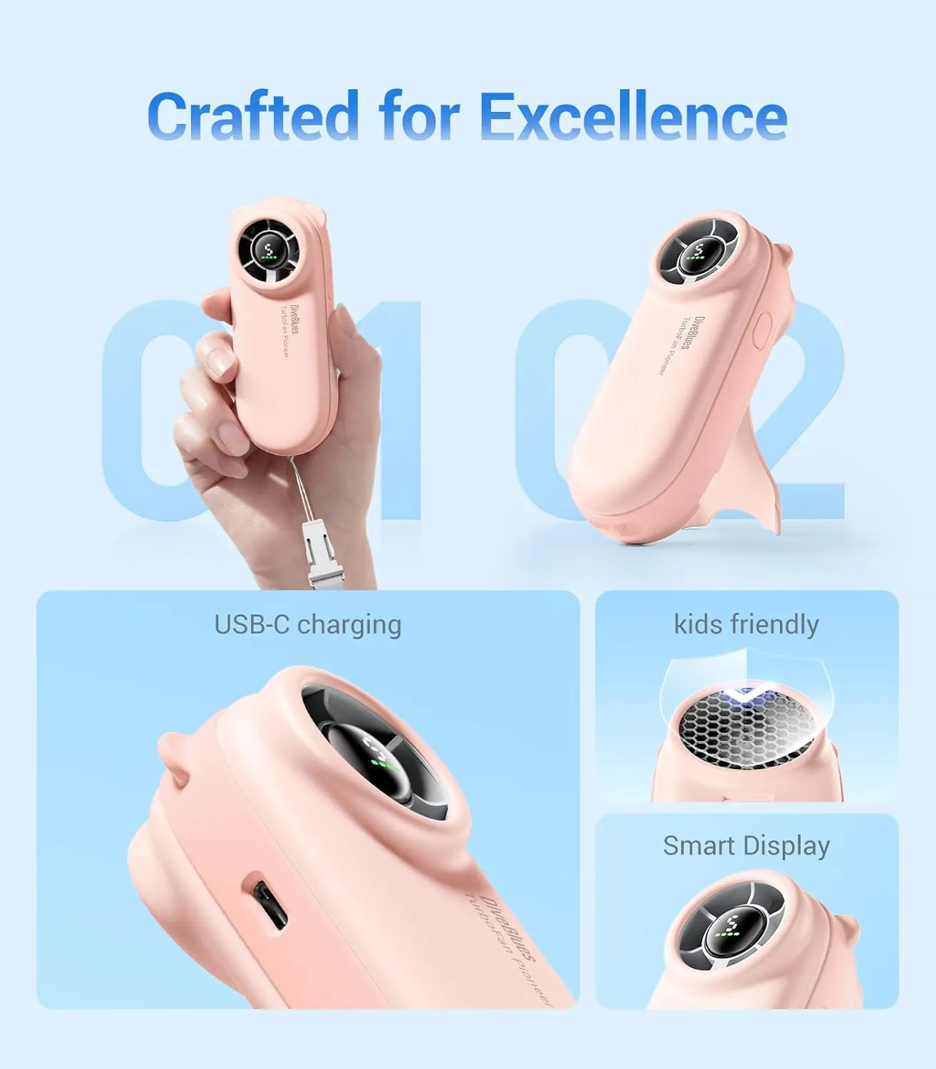 Handheld Portable Turbo Fan, 4000mAh USB Rechargeable Pocket Fan, Up to 16 Hours, Hand Fan with 5 Speeds Powerful Cooling for Travel/Summer/Outdoor/Lash/Purse(Pink)