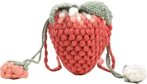 Handmade Knitted Purse Wool Woven Bag Strawberry Shaped Shoulder Bag for Women Flower Crossbody Bag with Drawstring