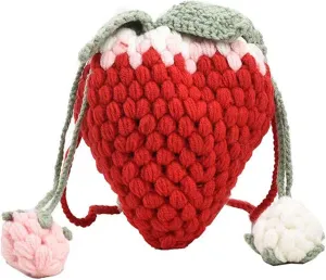 Handmade Knitted Purse Wool Woven Bag Strawberry Shaped Shoulder Bag for Women Flower Crossbody Bag with Drawstring