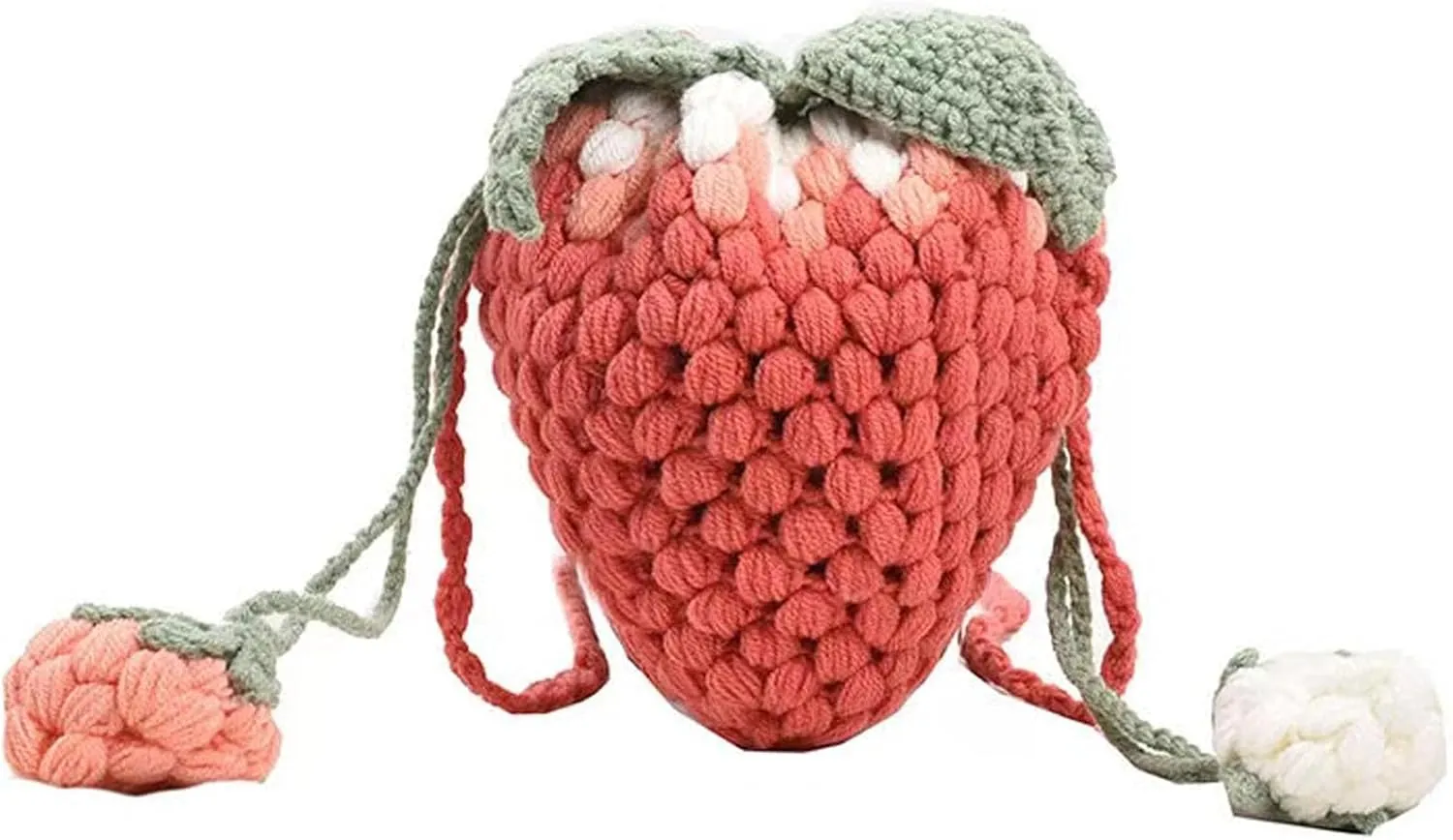 Handmade Knitted Purse Wool Woven Bag Strawberry Shaped Shoulder Bag for Women Flower Crossbody Bag with Drawstring