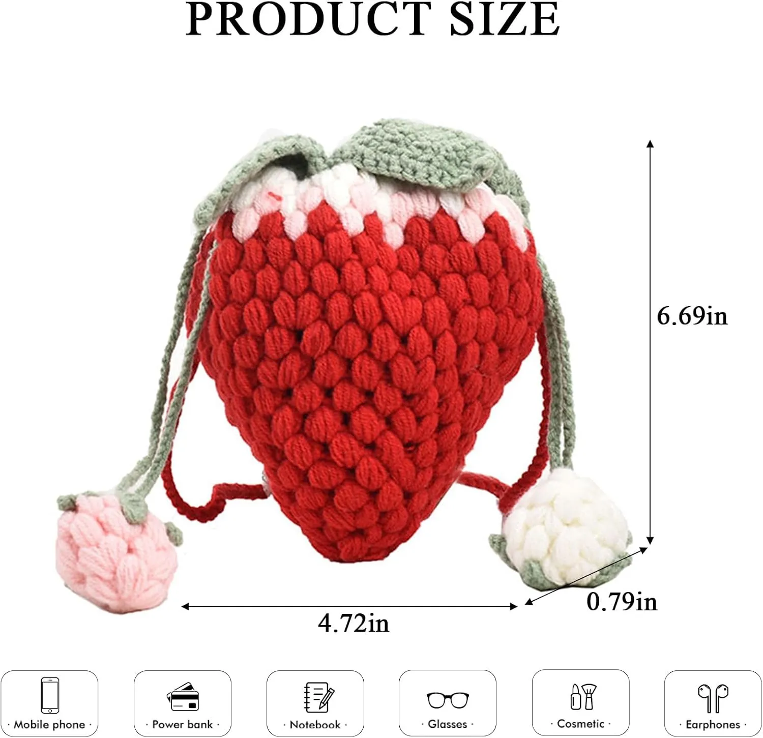 Handmade Knitted Purse Wool Woven Bag Strawberry Shaped Shoulder Bag for Women Flower Crossbody Bag with Drawstring