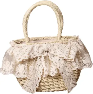 Handmade Straw Tote with Lace Artificial Flowers Rustic Lolita Beach Bag Retro Aesthetic Handbag for Summer Picnic