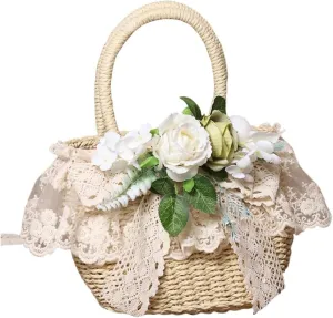 Handmade Straw Tote with Lace Artificial Flowers Rustic Lolita Beach Bag Retro Aesthetic Handbag for Summer Picnic