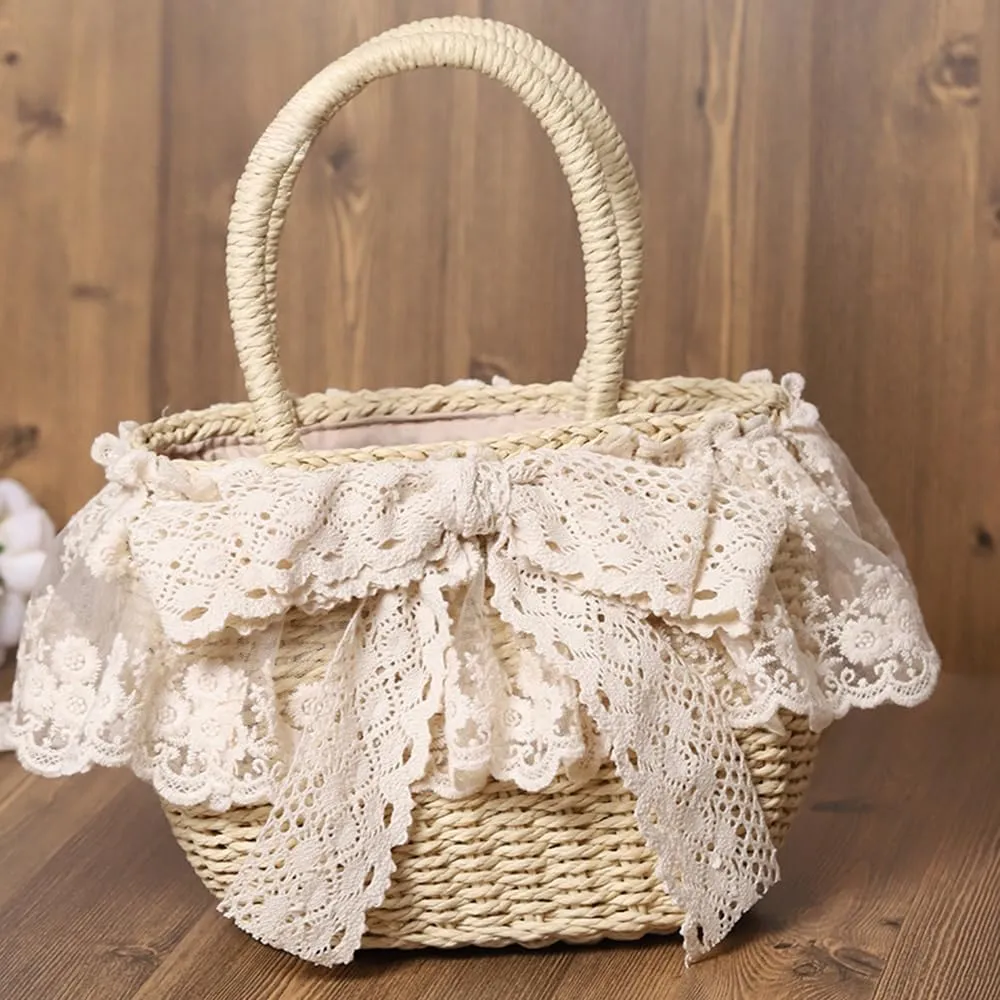 Handmade Straw Tote with Lace Artificial Flowers Rustic Lolita Beach Bag Retro Aesthetic Handbag for Summer Picnic