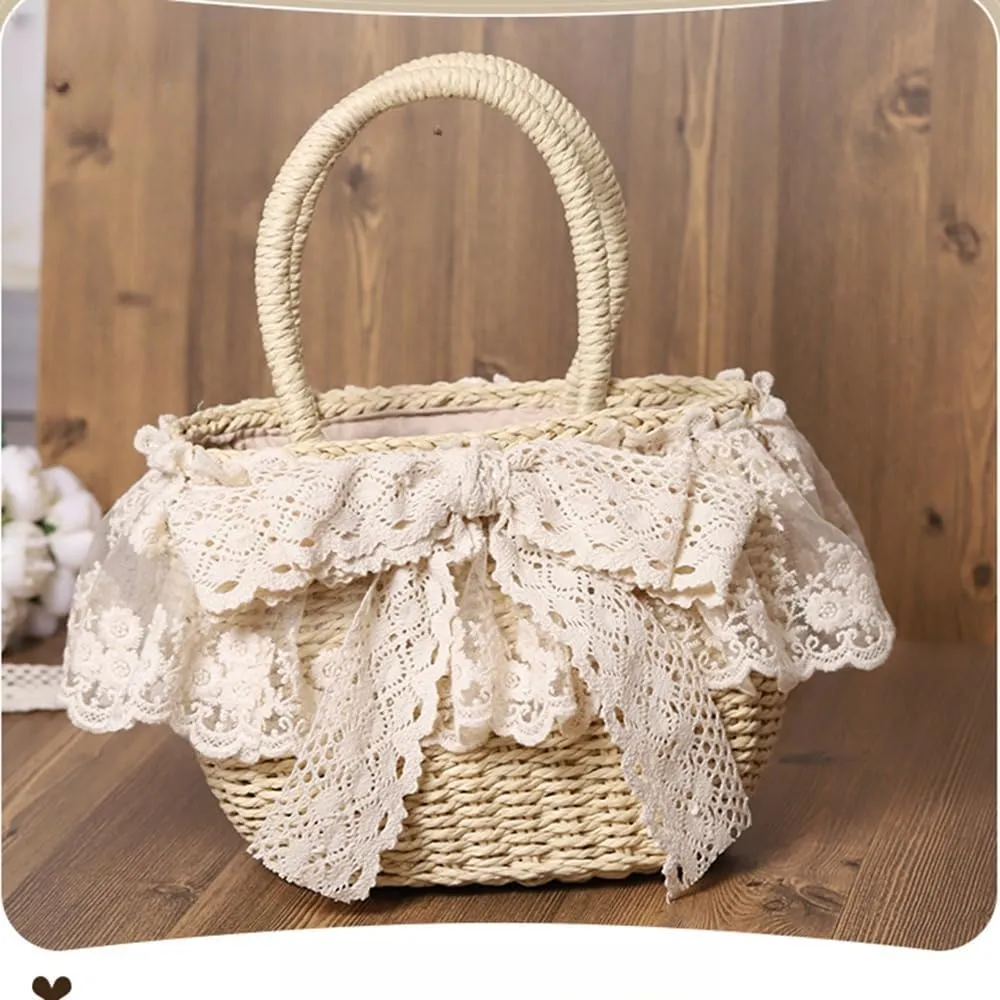 Handmade Straw Tote with Lace Artificial Flowers Rustic Lolita Beach Bag Retro Aesthetic Handbag for Summer Picnic
