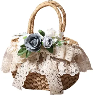 Handmade Straw Tote with Lace Artificial Flowers Rustic Lolita Beach Bag Retro Aesthetic Handbag for Summer Picnic