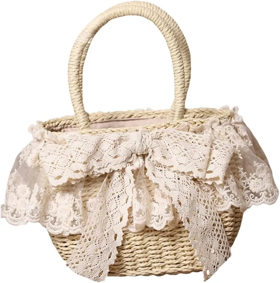 Handmade Straw Tote with Lace Artificial Flowers Rustic Lolita Beach Bag Retro Aesthetic Handbag for Summer Picnic