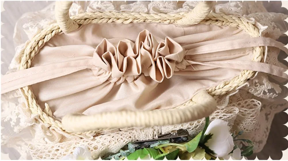 Handmade Straw Tote with Lace Artificial Flowers Rustic Lolita Beach Bag Retro Aesthetic Handbag for Summer Picnic