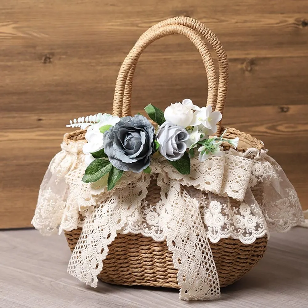 Handmade Straw Tote with Lace Artificial Flowers Rustic Lolita Beach Bag Retro Aesthetic Handbag for Summer Picnic