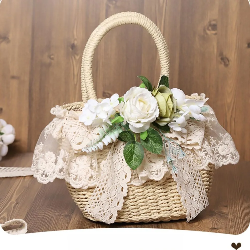 Handmade Straw Tote with Lace Artificial Flowers Rustic Lolita Beach Bag Retro Aesthetic Handbag for Summer Picnic