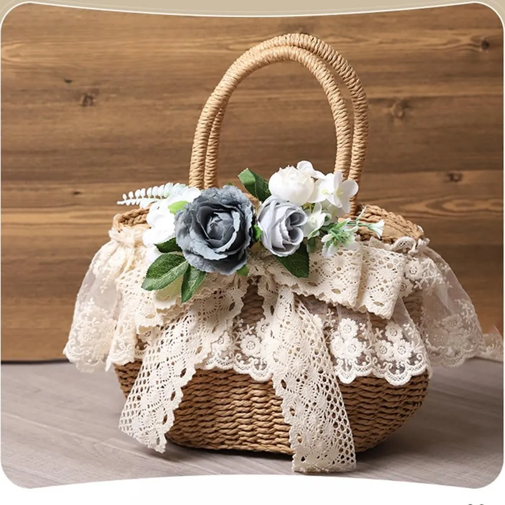 Handmade Straw Tote with Lace Artificial Flowers Rustic Lolita Beach Bag Retro Aesthetic Handbag for Summer Picnic