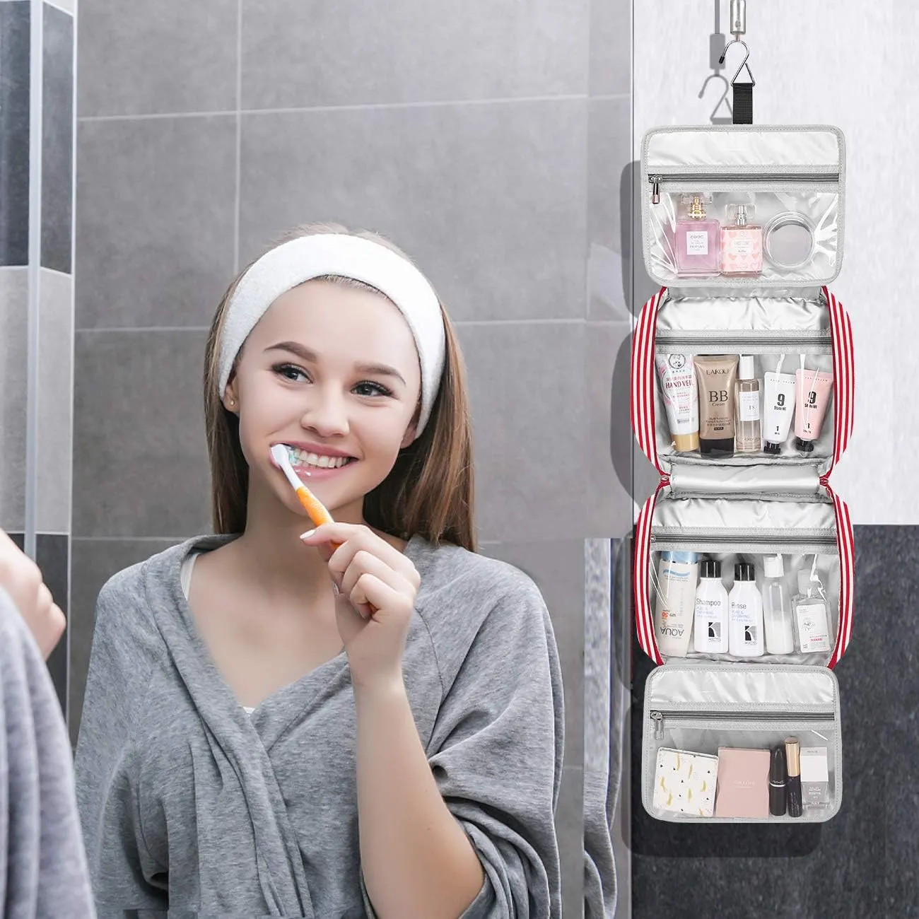 Hanging Travel Toiletry Bag,Large Capacity Cosmetic Travel Toiletry Organizer for Women with 4 Compartments & 1 Sturdy Hook,Perfect for Travel/Daily Use/Christmas