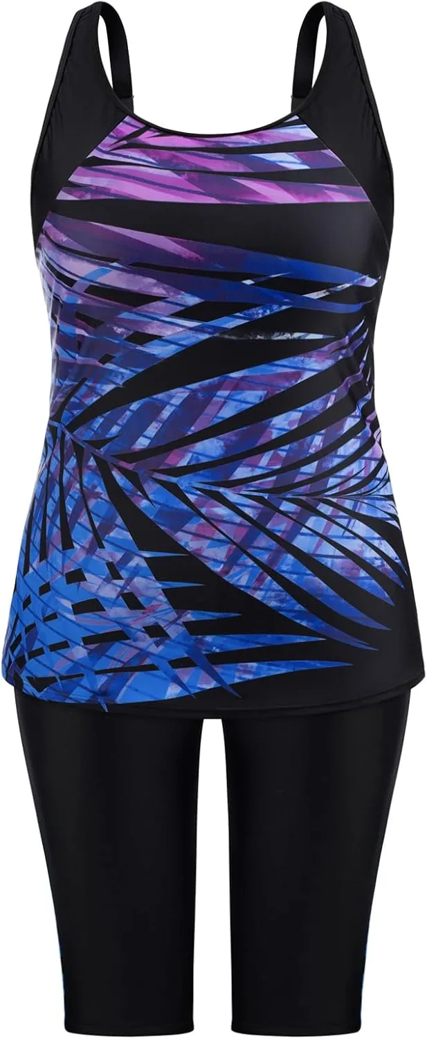 Hanna Nikole Women's Plus Size Tummy Control Tankini Swimsuits Color Block Bathing Suits with Shorts Knee Length