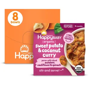 Happy Baby Organics Baby Food, Advancing Textures Bowl Sweet Potato & Coconut Curry Puree with Diced Potatoes, Cauliflower & Spinach, 4 Oz (Pack of 8)