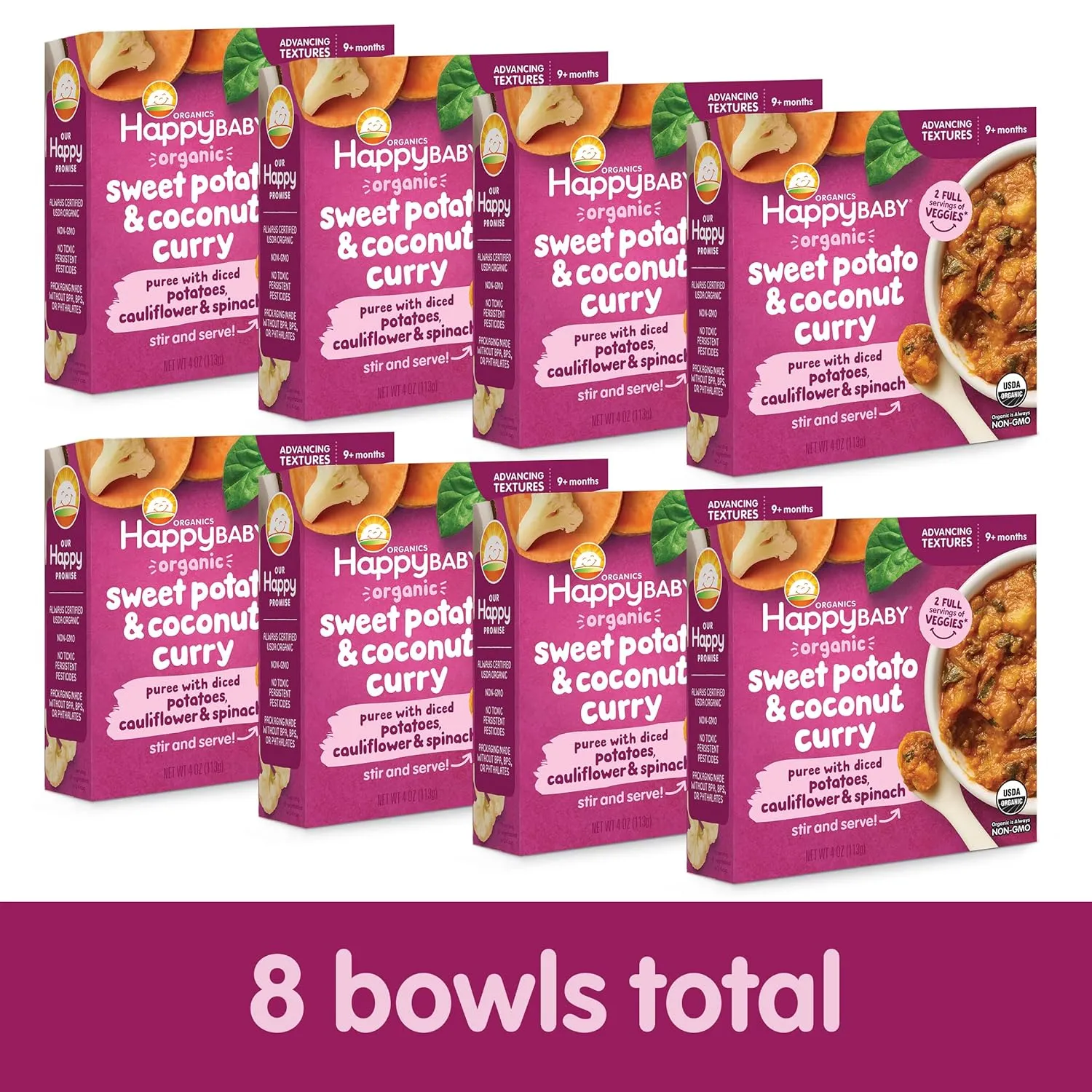 Happy Baby Organics Baby Food, Advancing Textures Bowl Sweet Potato & Coconut Curry Puree with Diced Potatoes, Cauliflower & Spinach, 4 Oz (Pack of 8)