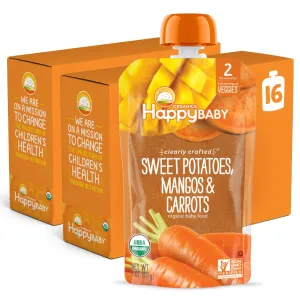 Happy Baby Organics Clearly Crafted Stage 2 Baby Food, Sweet Potatoes, Mangoes & Carrots, 4 Ounce Pouch (Pack of 16)