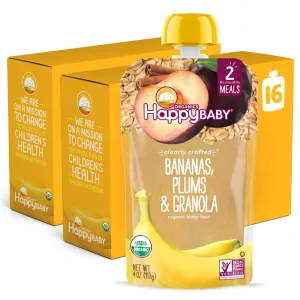 Happy Baby Organics Stage 2 Baby Food Pouches, Gluten Free, Vegan & Healthy Snack, Clearly Crafted Fruit & Veggie Puree, Apples, Bananas, Plums & Granola, 4 Ounces (Pack of 16)