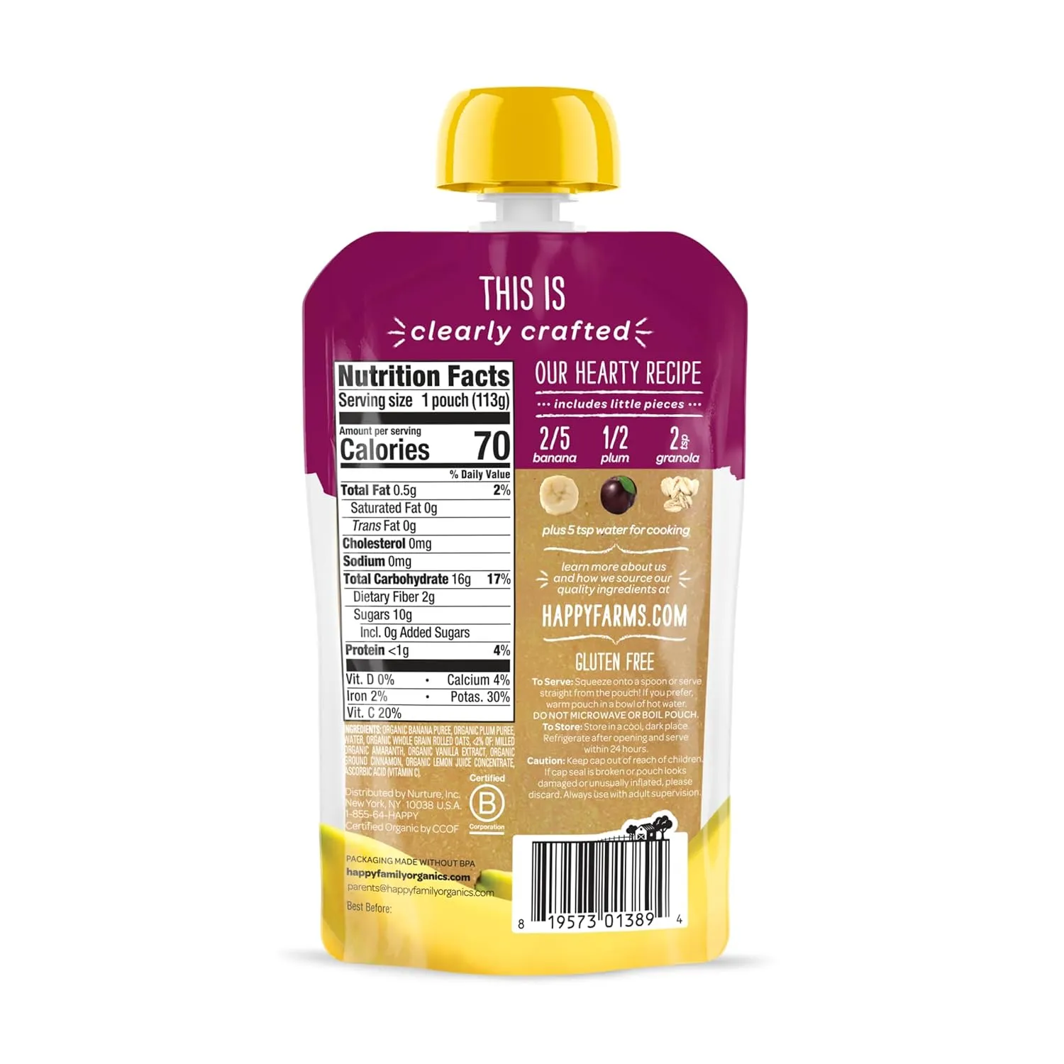 Happy Baby Organics Stage 2 Baby Food Pouches, Gluten Free, Vegan & Healthy Snack, Clearly Crafted Fruit & Veggie Puree, Apples, Bananas, Plums & Granola, 4 Ounces (Pack of 16)