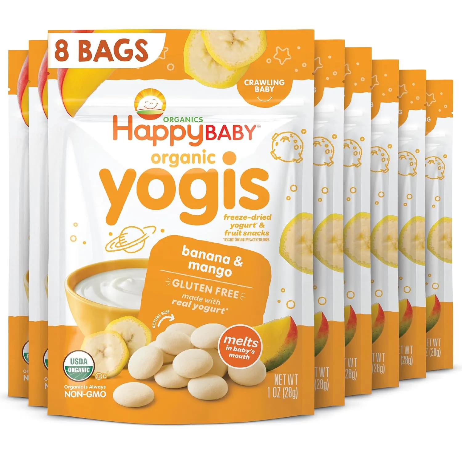 Happy Baby Organics Yogis Freeze-Dried Yogurt & Fruit Snacks, Banana & Mango, 1 Ounce Bag (Pack of 8) packaging may vary