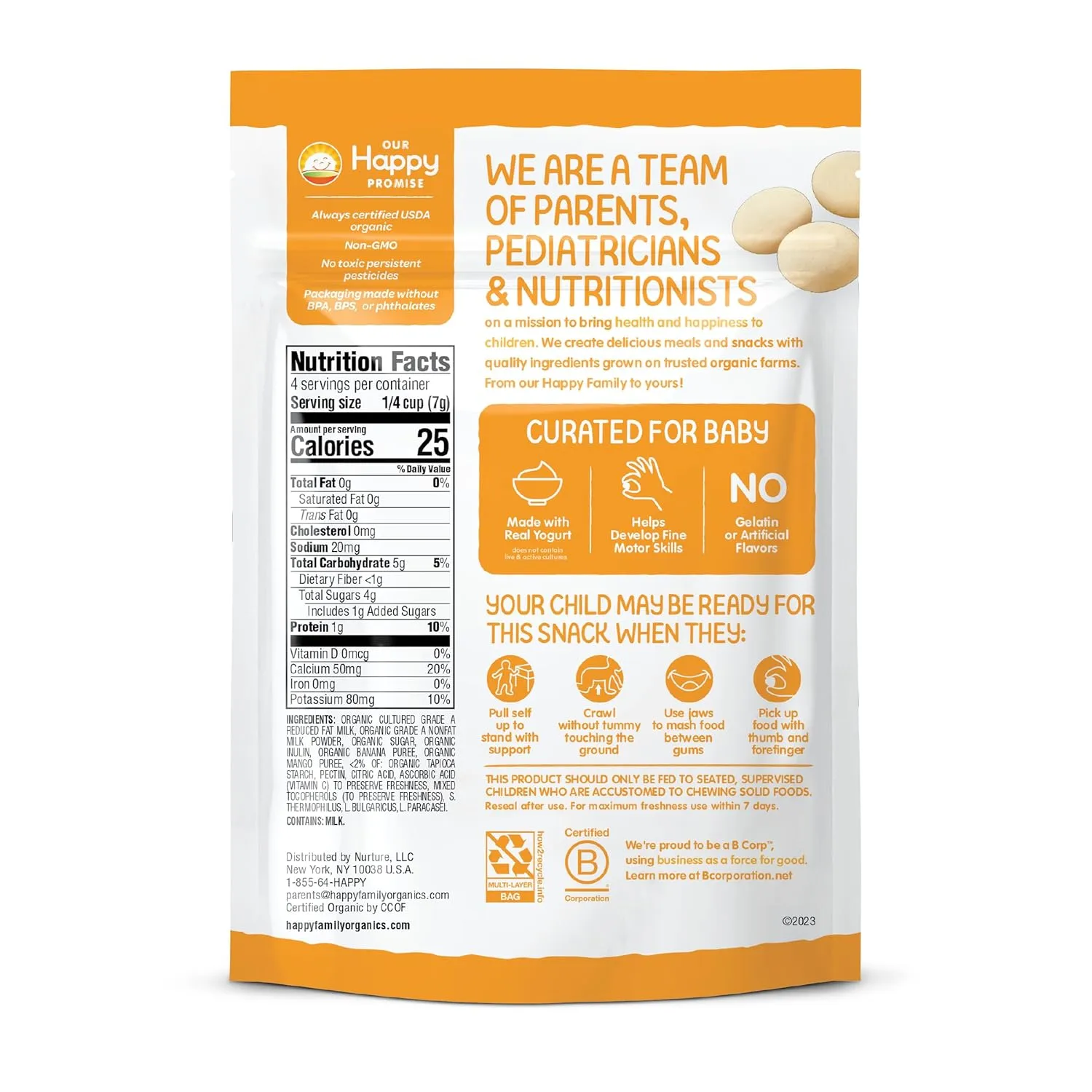 Happy Baby Organics Yogis Freeze-Dried Yogurt & Fruit Snacks, Banana & Mango, 1 Ounce Bag (Pack of 8) packaging may vary
