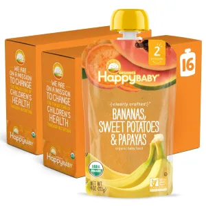 Happy Family Happy Baby Organic Clearly Crafted Stage 2 Baby Food Bananas, Sweet Potatoes & Papayas, 4 Pouch (Pack of 16), Banana Sweet Potato Yellow Papaya, 64 Oz