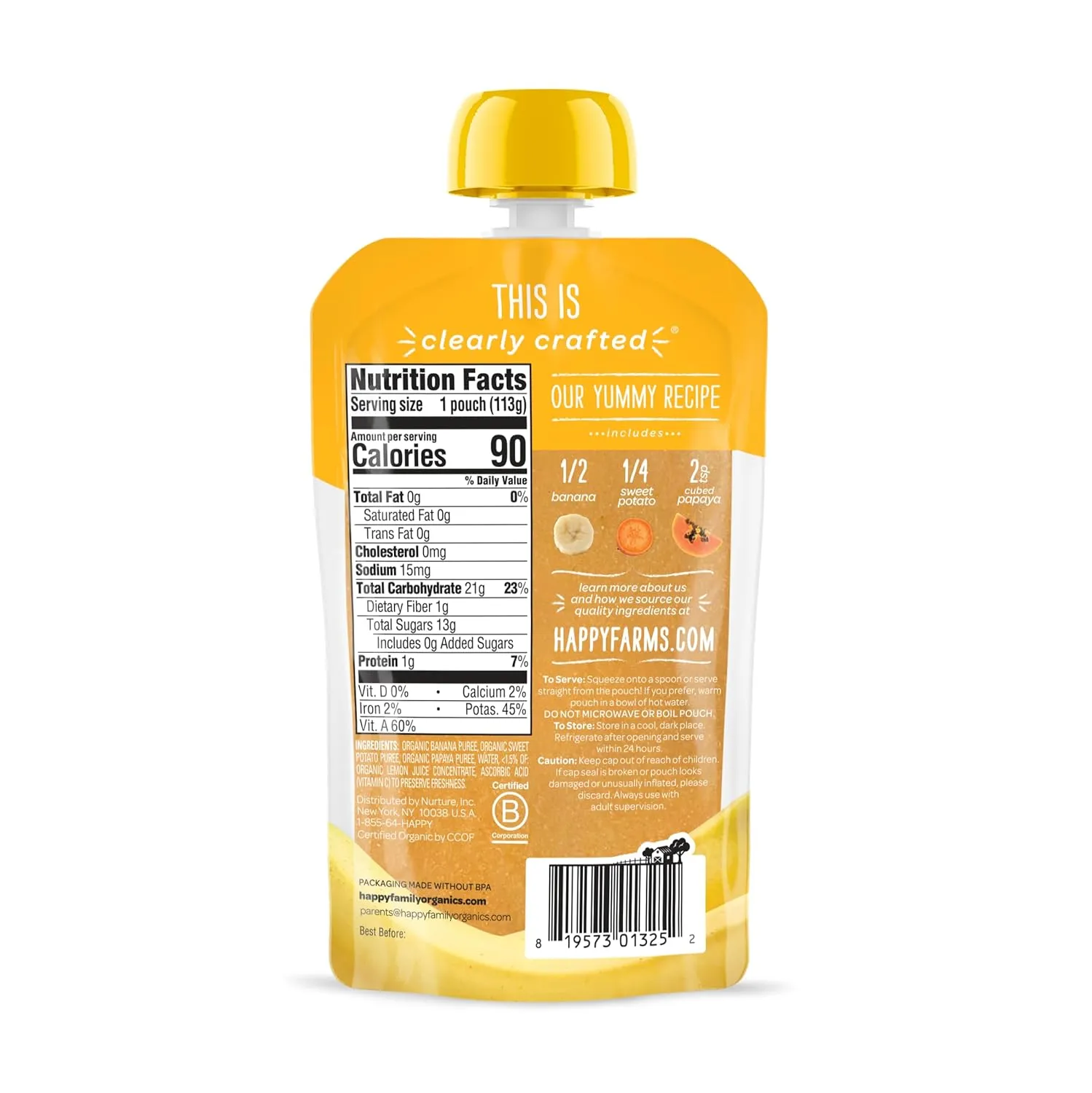 Happy Family Happy Baby Organic Clearly Crafted Stage 2 Baby Food Bananas, Sweet Potatoes & Papayas, 4 Pouch (Pack of 16), Banana Sweet Potato Yellow Papaya, 64 Oz