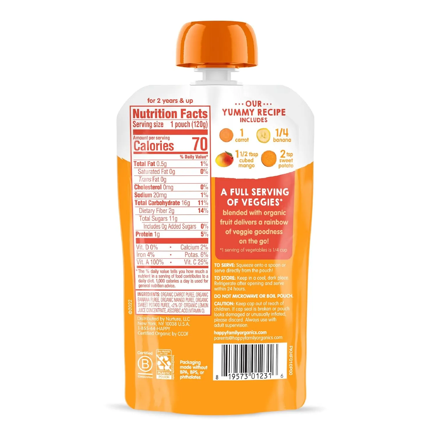 Happy Tot Organics Stage 4 Baby Food Pouches, Gluten Free, Vegan Snack, Love My Veggies, Fruit & Veggie Puree, Carrot, Banana, Mango & Sweet Potato, 4.22 Ounce (Pack of 16)
