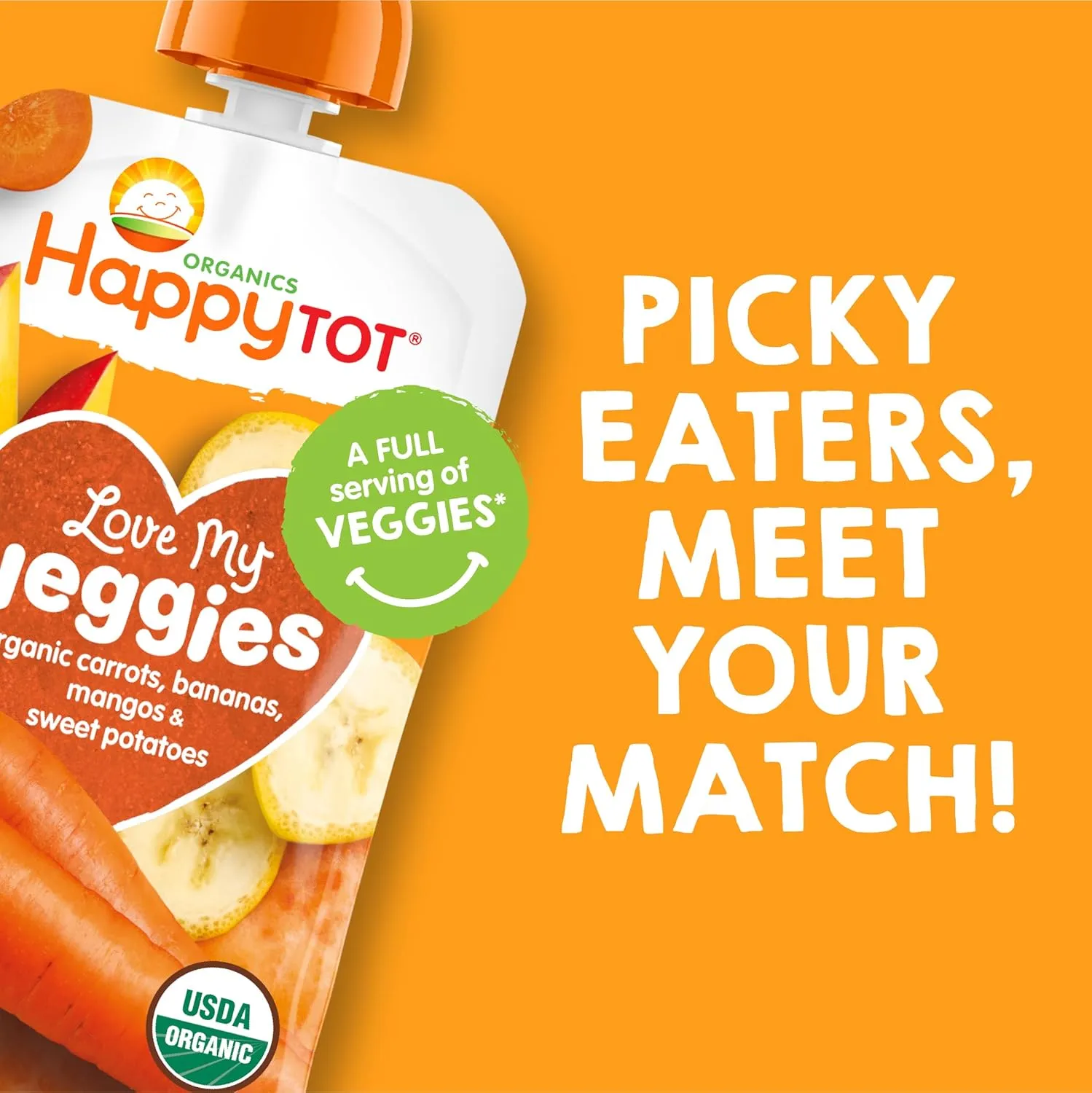 Happy Tot Organics Stage 4 Baby Food Pouches, Gluten Free, Vegan Snack, Love My Veggies, Fruit & Veggie Puree, Carrot, Banana, Mango & Sweet Potato, 4.22 Ounce (Pack of 16)