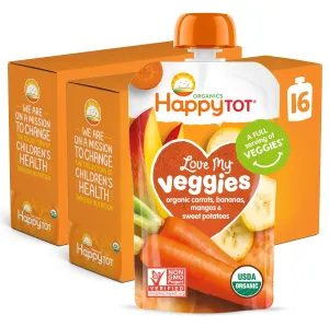 Happy Tot Organics Stage 4 Baby Food Pouches, Gluten Free, Vegan Snack, Love My Veggies, Fruit & Veggie Puree, Carrot, Banana, Mango & Sweet Potato, 4.22 Ounce (Pack of 16)
