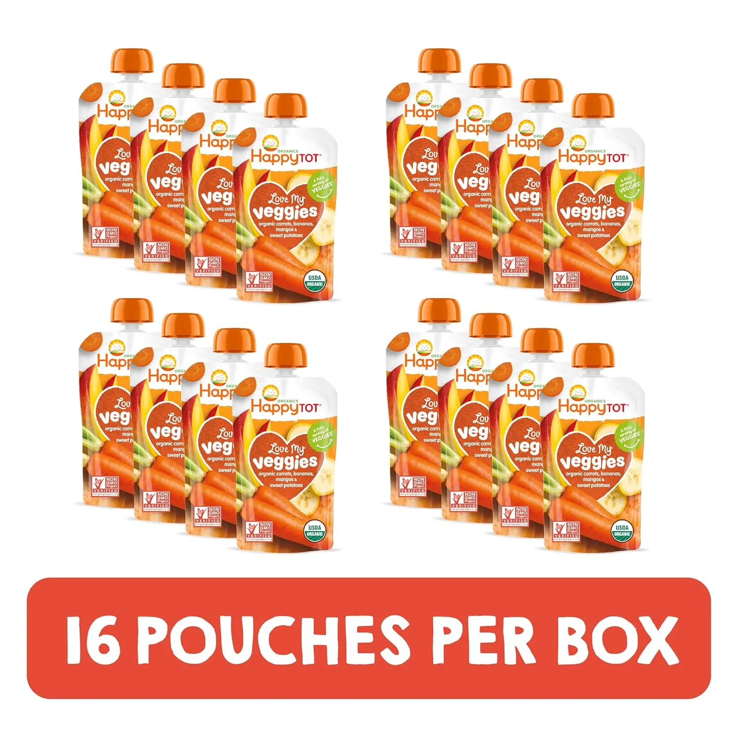 Happy Tot Organics Stage 4 Baby Food Pouches, Gluten Free, Vegan Snack, Love My Veggies, Fruit & Veggie Puree, Carrot, Banana, Mango & Sweet Potato, 4.22 Ounce (Pack of 16)