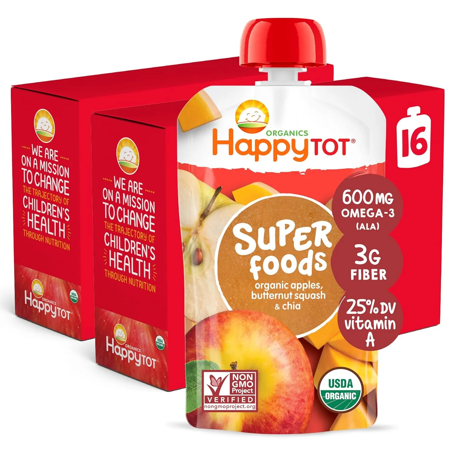 Happy Tot Organics Stage 4 Baby Food Pouches, Gluten Free, Vegan Snack, SuperFoods Fruit & Veggie Puree, Apples, Butternut Squash & Chia, 4.22 Ounce (Pack of 16)