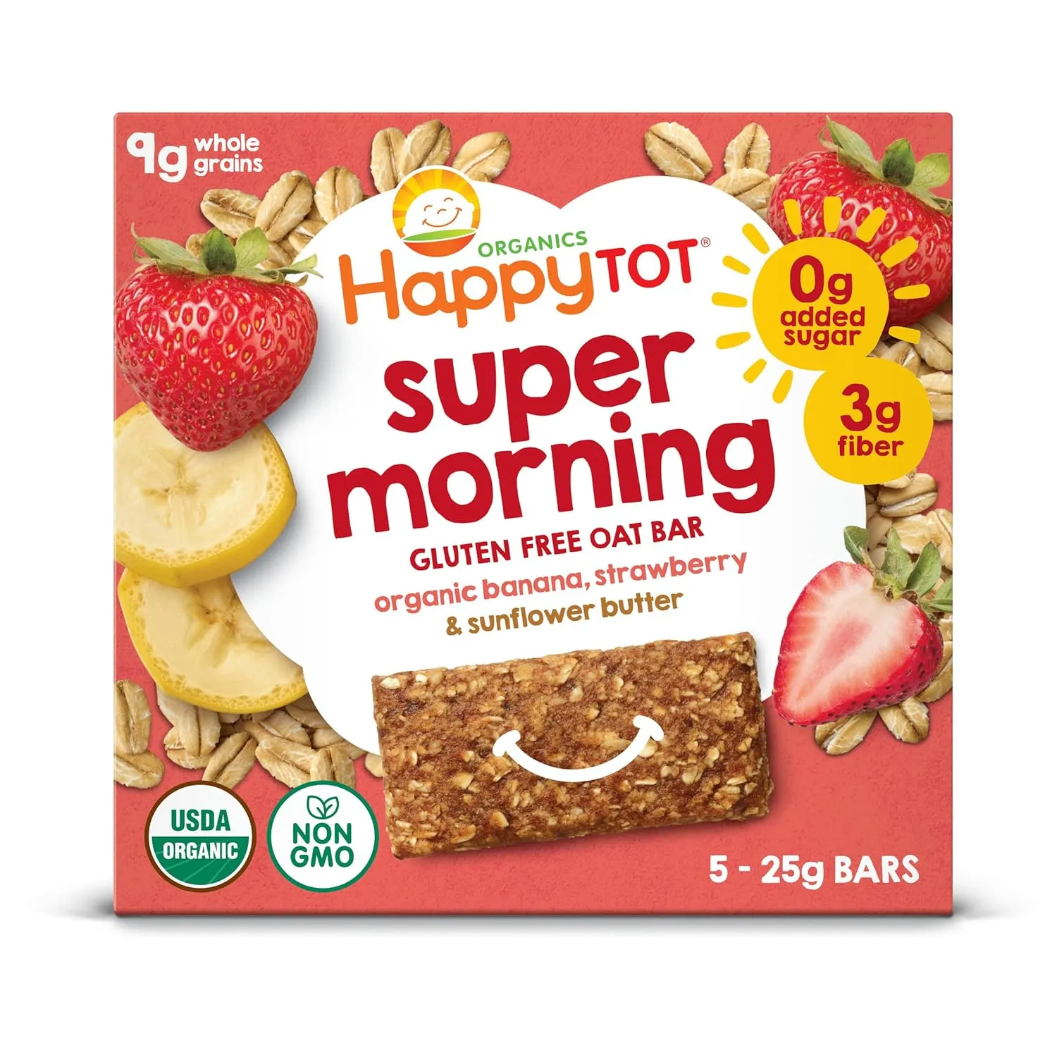 Happy Tot Organics Super Foods Oat Bars, Bananas, Strawberries & Sunflower Butter, 5 Count (Pack of 6)