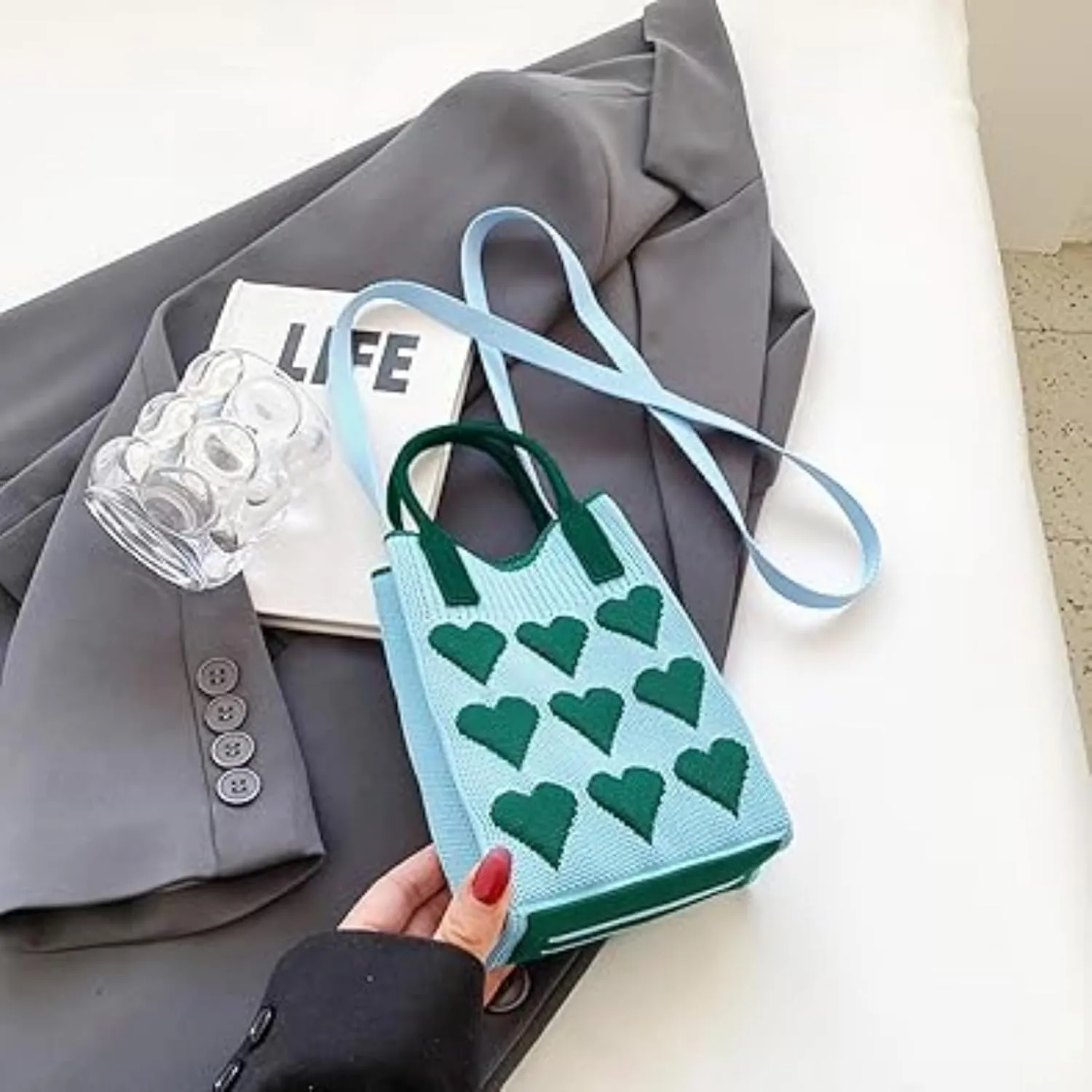 Heart Crochet Phone Bag Tote Bag Cute Purse for Women Valentines Aesthetic Handbags for Women