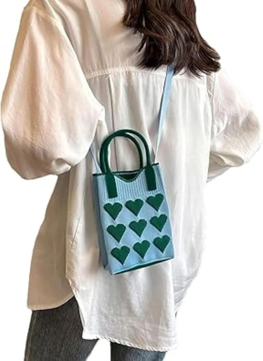 Heart Crochet Phone Bag Tote Bag Cute Purse for Women Valentines Aesthetic Handbags for Women