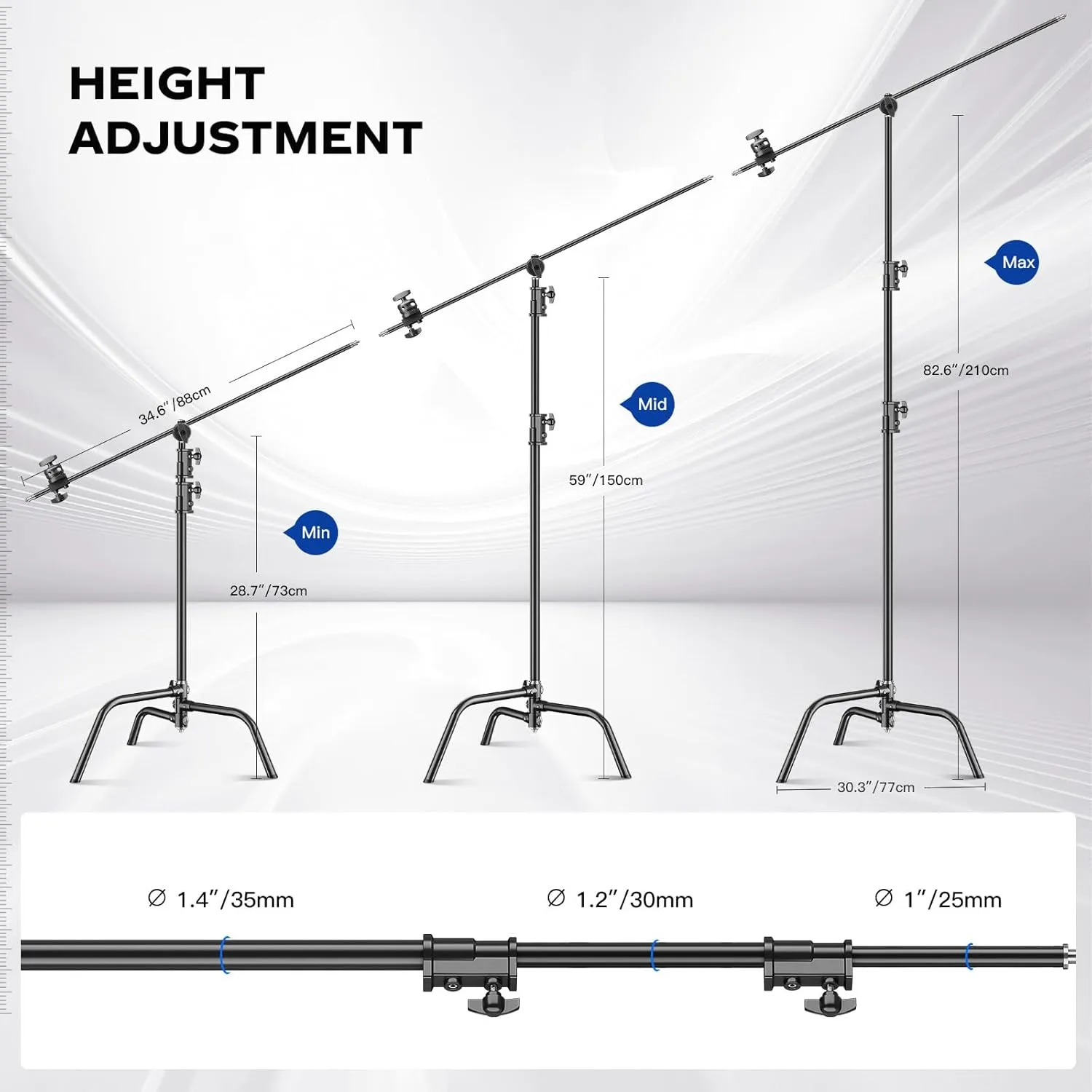 Heavy Duty C Stand 6.9ft/210cm with Holding Arm Sandbag Grip Head Stainless Steel Photography Light Stand C-Stand Sturdy for Photography Studio Video Monolight Softbox Shooting (Black)