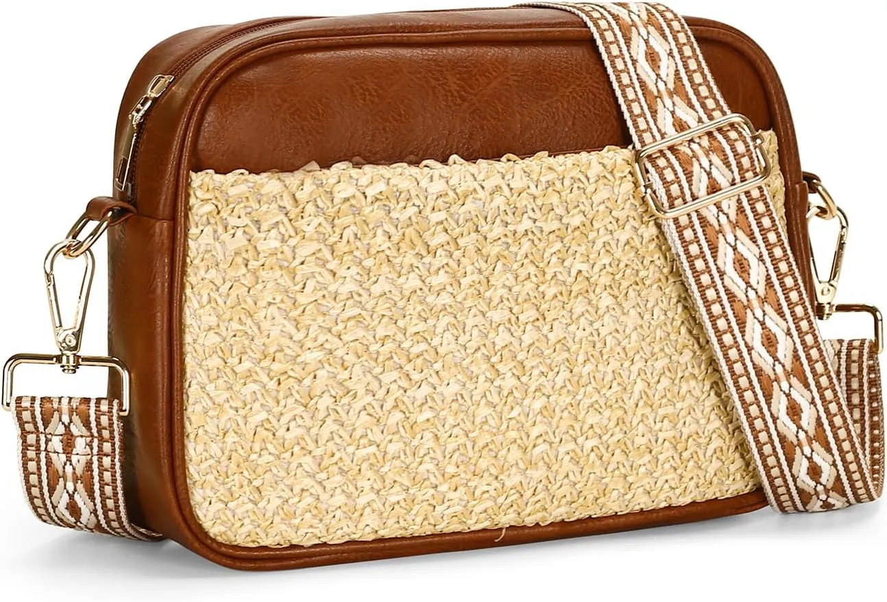 Herald Straw & Vegan Leather Crossbody Bags for Women, Summer Small Camera Shoulder Purse Handbags with Wide Strap