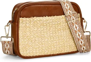 Herald Straw & Vegan Leather Crossbody Bags for Women, Summer Small Camera Shoulder Purse Handbags with Wide Strap