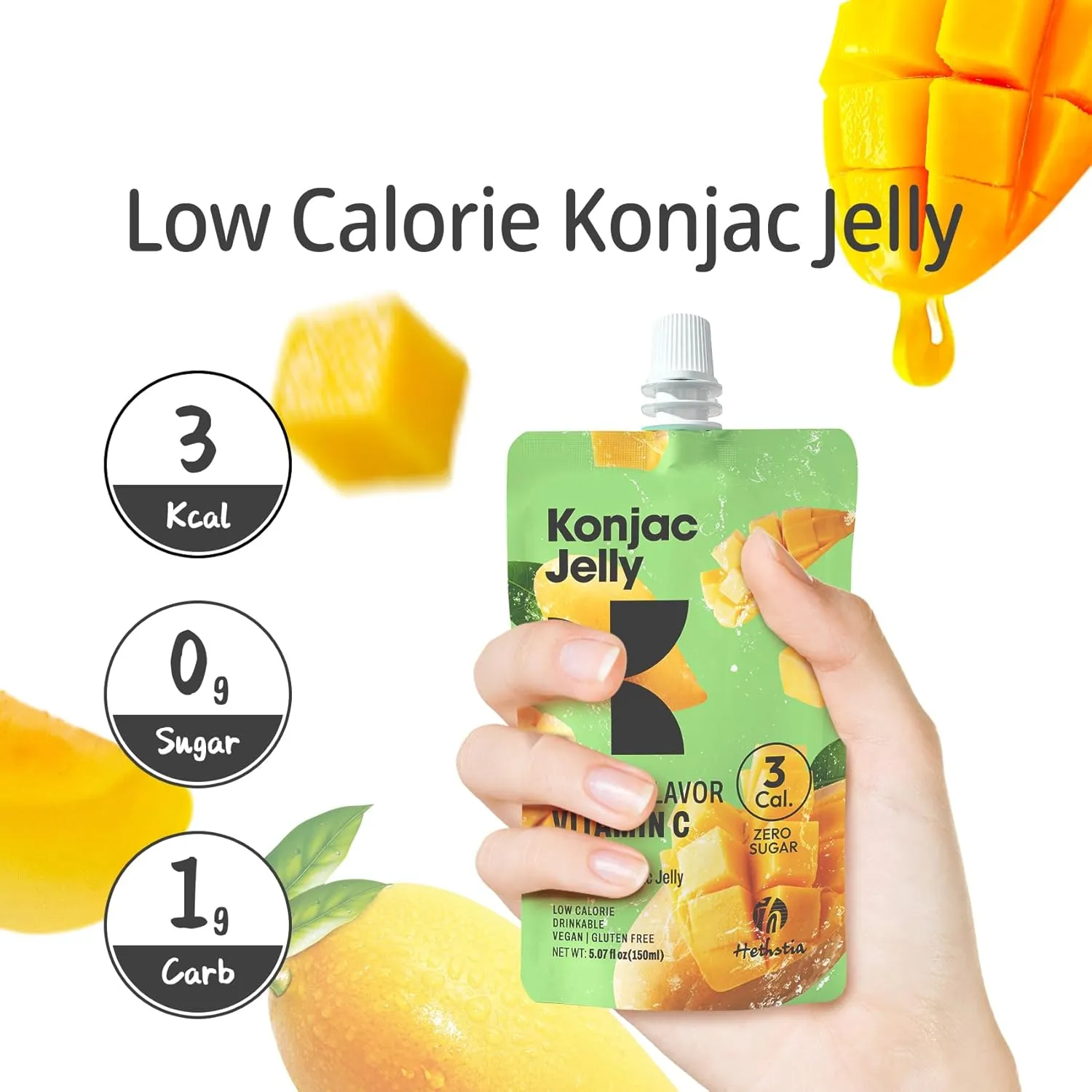 Hethstia Konjac Jelly Mango Flavor – 10 Pack Drinkable Mango Jelly Squeeze Pouches, 3 Calories, Vitamin C, 0 Sugar, Keto, Vegan, Gluten-Free, Healthy Snacks, Perfect Food Gift