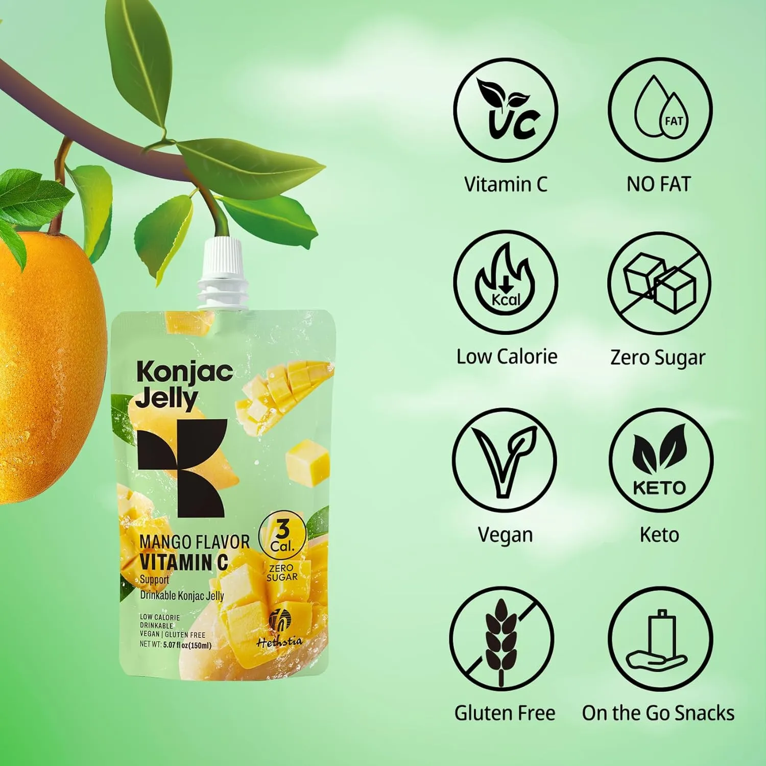Hethstia Konjac Jelly Mango Flavor – 10 Pack Drinkable Mango Jelly Squeeze Pouches, 3 Calories, Vitamin C, 0 Sugar, Keto, Vegan, Gluten-Free, Healthy Snacks, Perfect Food Gift