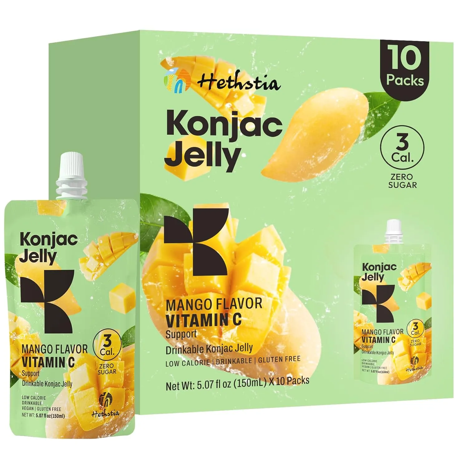 Hethstia Konjac Jelly Mango Flavor – 10 Pack Drinkable Mango Jelly Squeeze Pouches, 3 Calories, Vitamin C, 0 Sugar, Keto, Vegan, Gluten-Free, Healthy Snacks, Perfect Food Gift