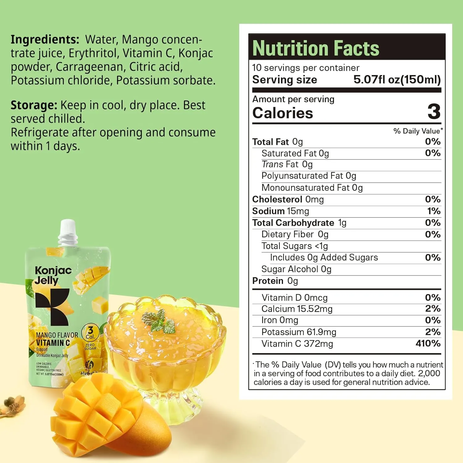 Hethstia Konjac Jelly Mango Flavor – 10 Pack Drinkable Mango Jelly Squeeze Pouches, 3 Calories, Vitamin C, 0 Sugar, Keto, Vegan, Gluten-Free, Healthy Snacks, Perfect Food Gift