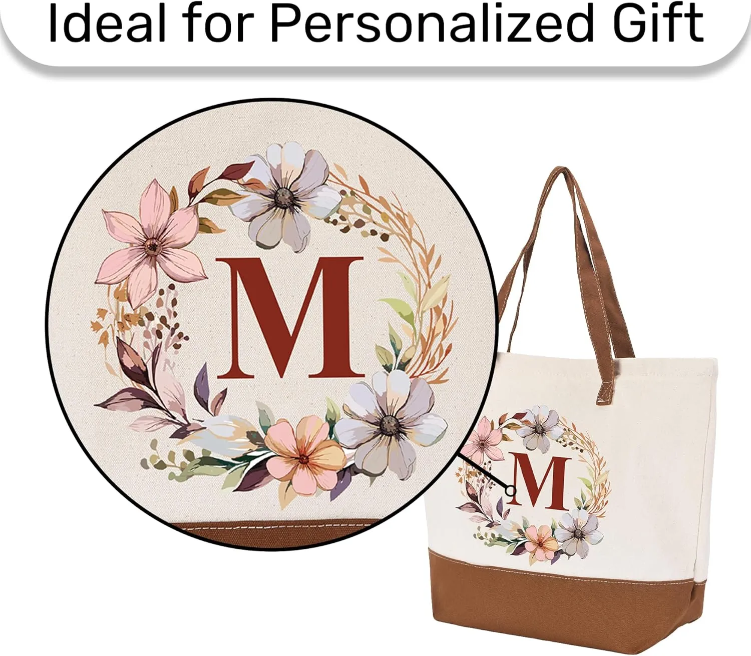 HIFA Initial Tote Bag for Women, Personalized Canvas Tote Bag -Durable Cotton, Zipper, Inner Pocket-Multipurpose Shoulder Bag