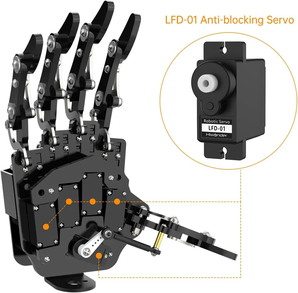 HIWONDER Robot Hand Five Fingers Support Secondary Development Solely Movement Bionic Robot Mechanical Arm Hand DIY Robot（Right Hand）