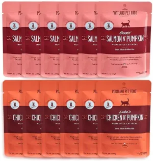 Human-Grade Mixed Variety Pack Wet Cat Food Pouch — Moist, Soft Cat Food Mixer, Topper, and Rotational Meal (6 Chicken, 6 Salmon) by Portland Pet Food Company