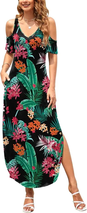 HUSKARY Women's Summer Maxi Dresses V Neck Cold Shoulder Short Sleeve Casual Loose Long Split Dress with Pocket