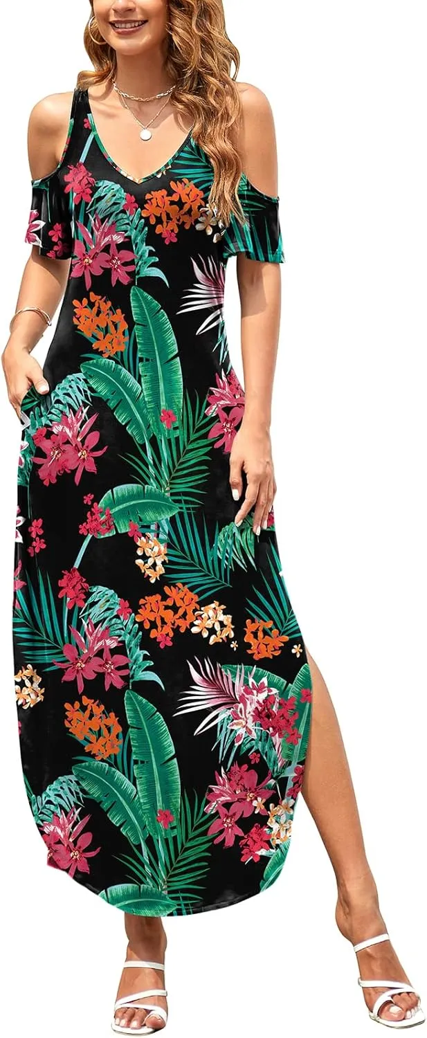 HUSKARY Women's Summer Maxi Dresses V Neck Cold Shoulder Short Sleeve Casual Loose Long Split Dress with Pocket