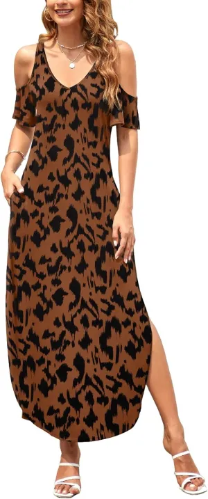HUSKARY Women's Summer Maxi Dresses V Neck Cold Shoulder Short Sleeve Casual Loose Long Split Dress with Pocket