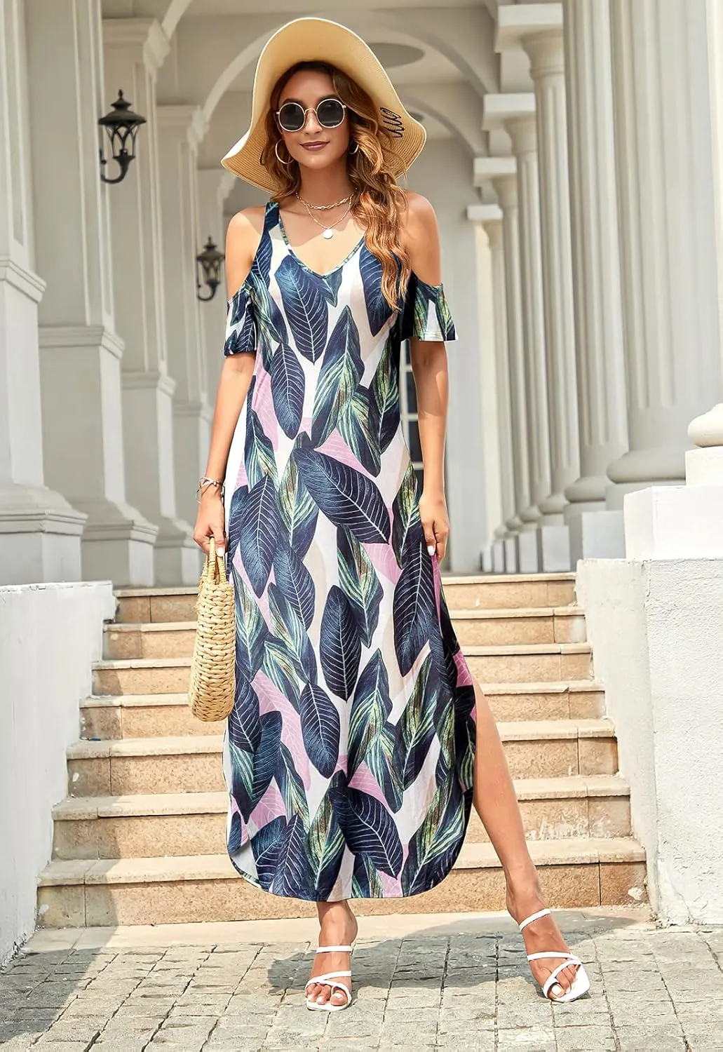 HUSKARY Women's Summer Maxi Dresses V Neck Cold Shoulder Short Sleeve Casual Loose Long Split Dress with Pocket